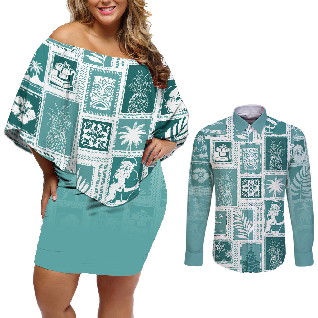Hawaii Christmas Retro Patchwork Couples Matching Off Shoulder Short Dress and Long Sleeve Button Shirt Teal LT7 - Wonder Print Shop