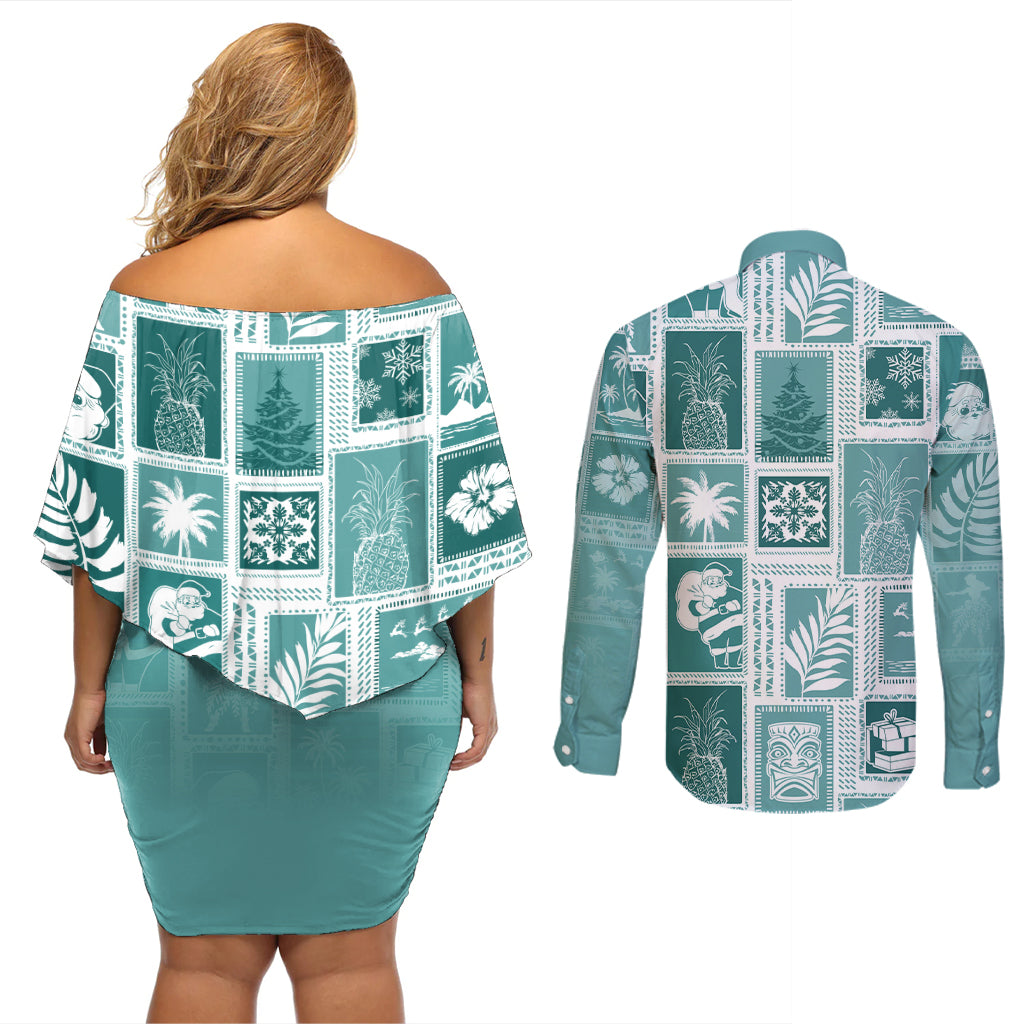 Hawaii Christmas Retro Patchwork Couples Matching Off Shoulder Short Dress and Long Sleeve Button Shirt Teal LT7 - Wonder Print Shop
