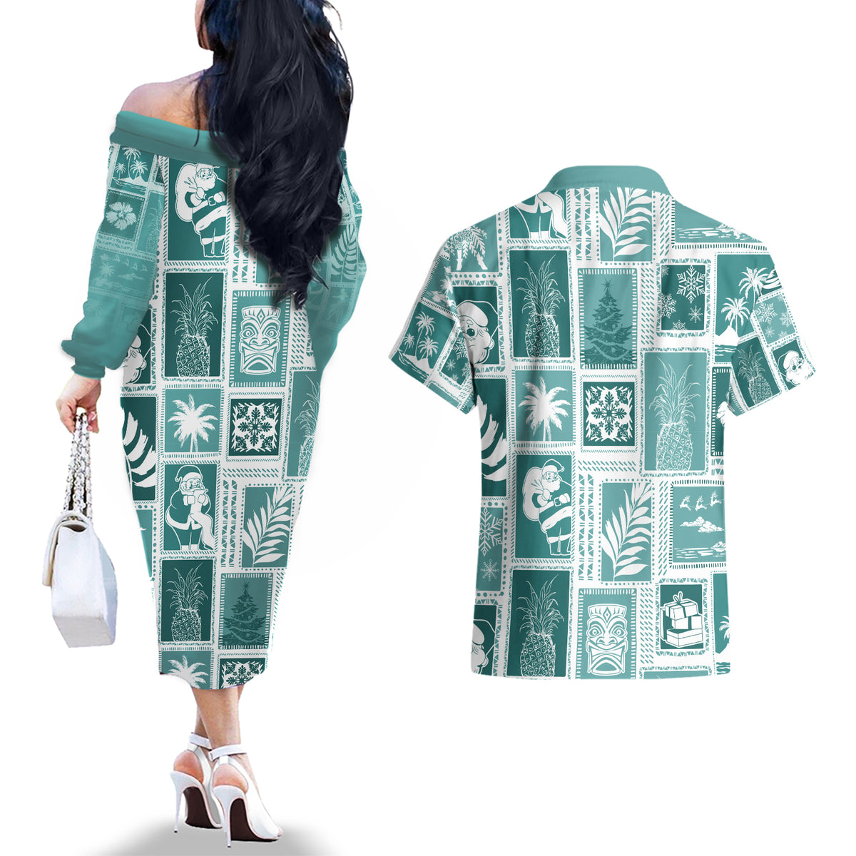 Hawaii Christmas Retro Patchwork Couples Matching Off The Shoulder Long Sleeve Dress and Hawaiian Shirt Teal LT7 - Wonder Print Shop
