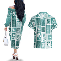 Hawaii Christmas Retro Patchwork Couples Matching Off The Shoulder Long Sleeve Dress and Hawaiian Shirt Teal LT7 - Wonder Print Shop