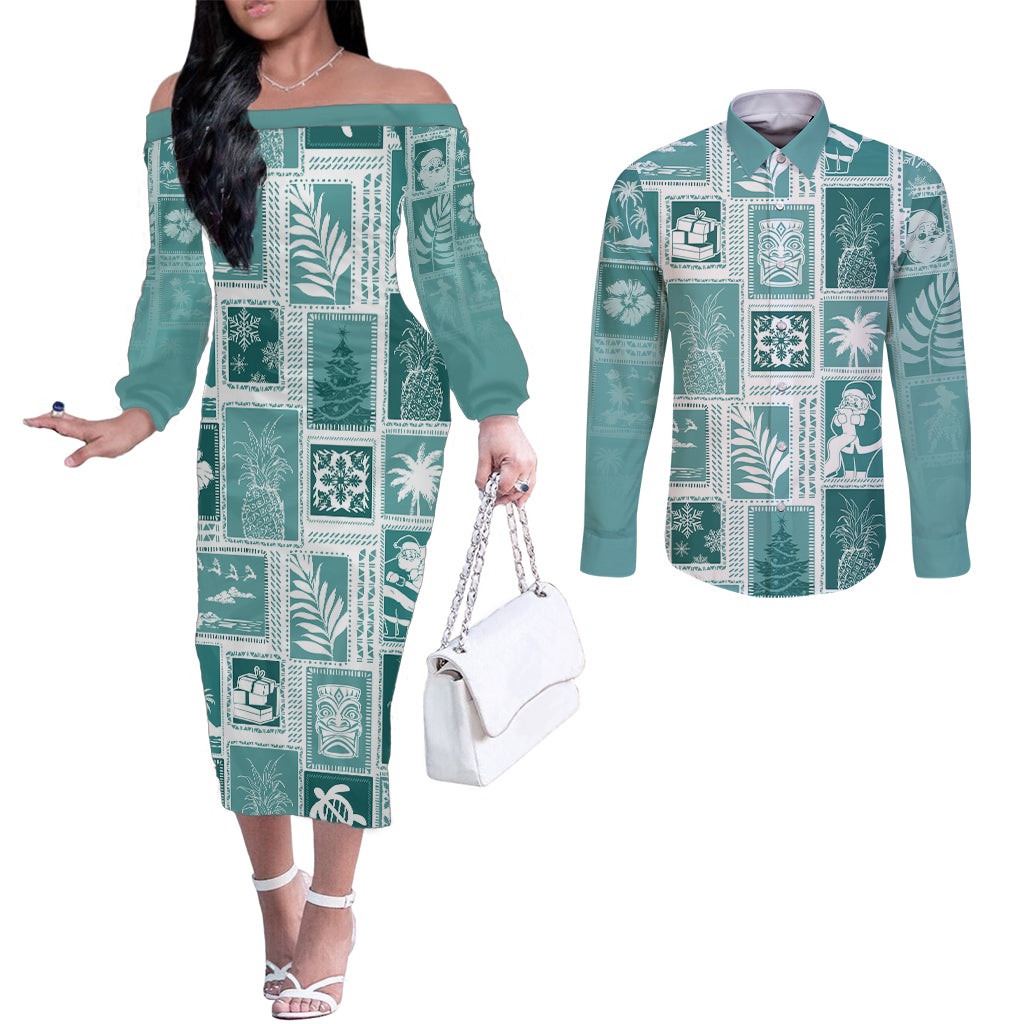 hawaii-christmas-retro-patchwork-couples-matching-off-the-shoulder-long-sleeve-dress-and-long-sleeve-button-shirt-teal