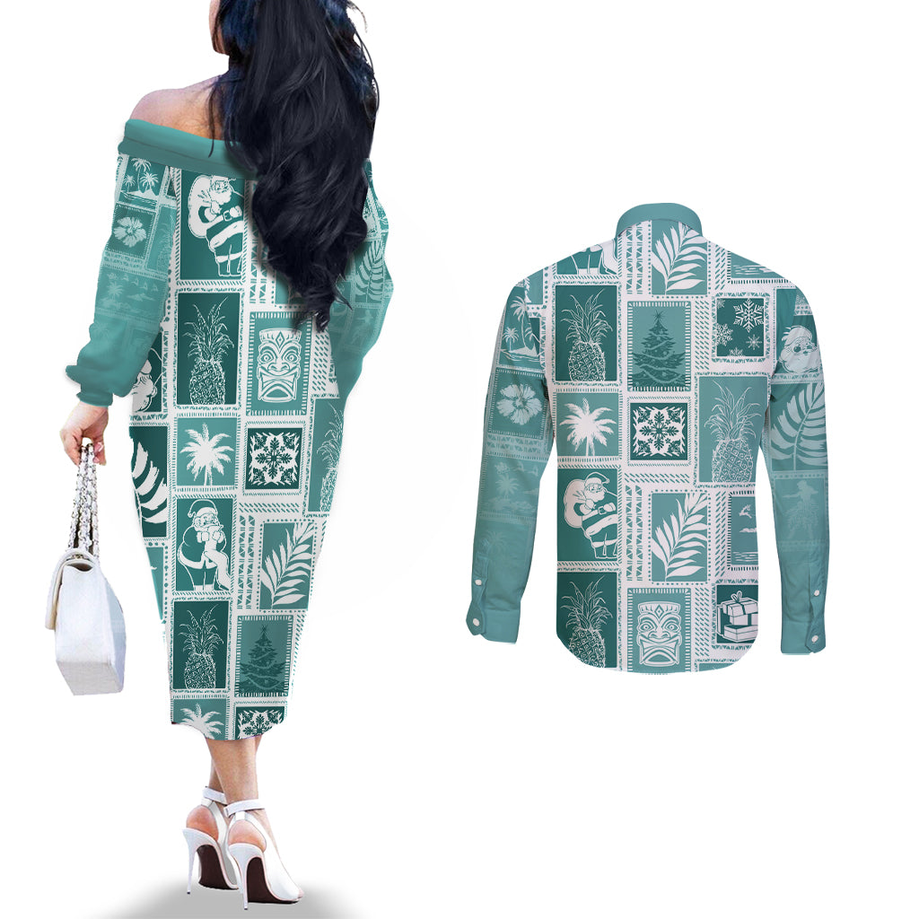 hawaii-christmas-retro-patchwork-couples-matching-off-the-shoulder-long-sleeve-dress-and-long-sleeve-button-shirt-teal