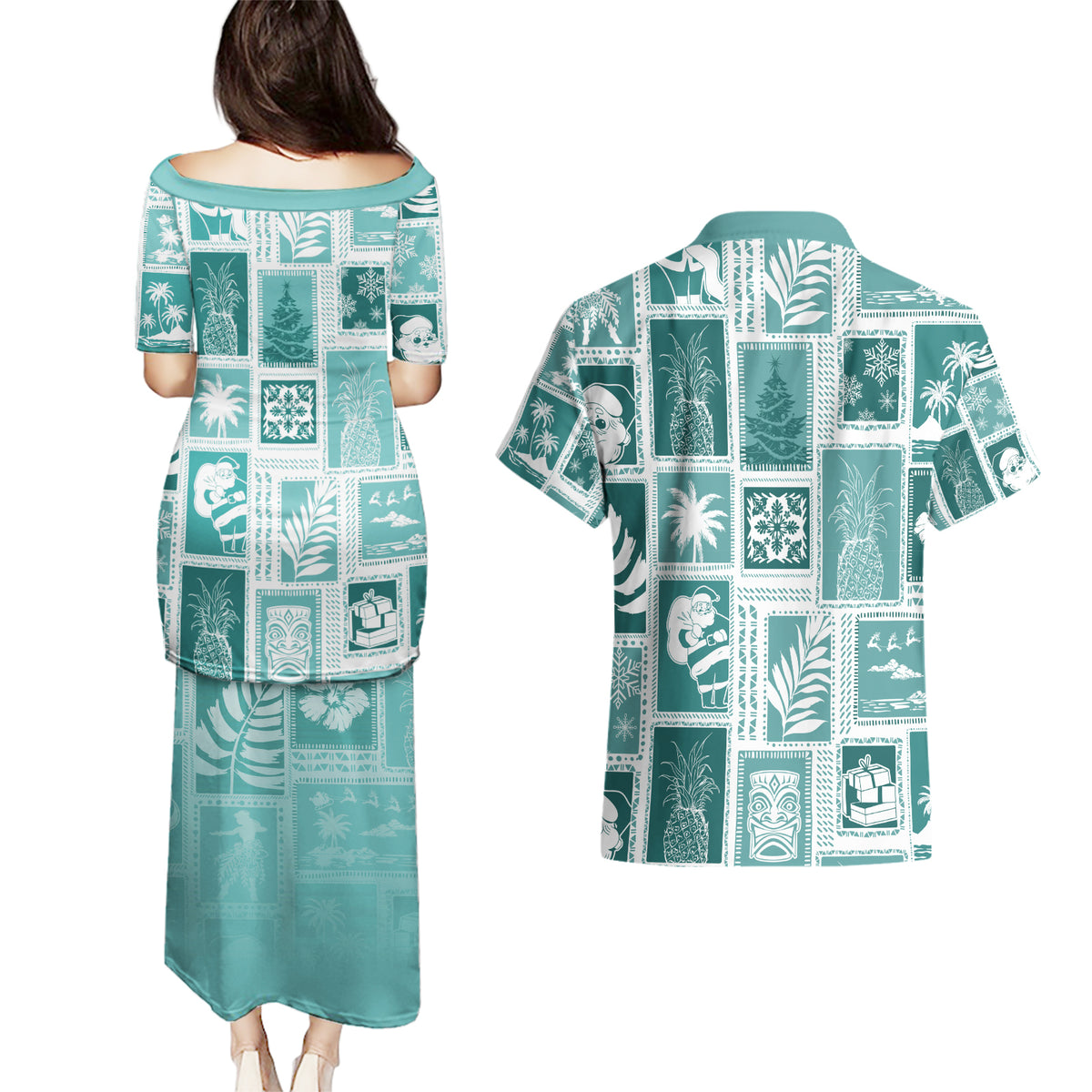 Hawaii Christmas Retro Patchwork Couples Matching Puletasi Dress and Hawaiian Shirt Teal LT7 - Wonder Print Shop