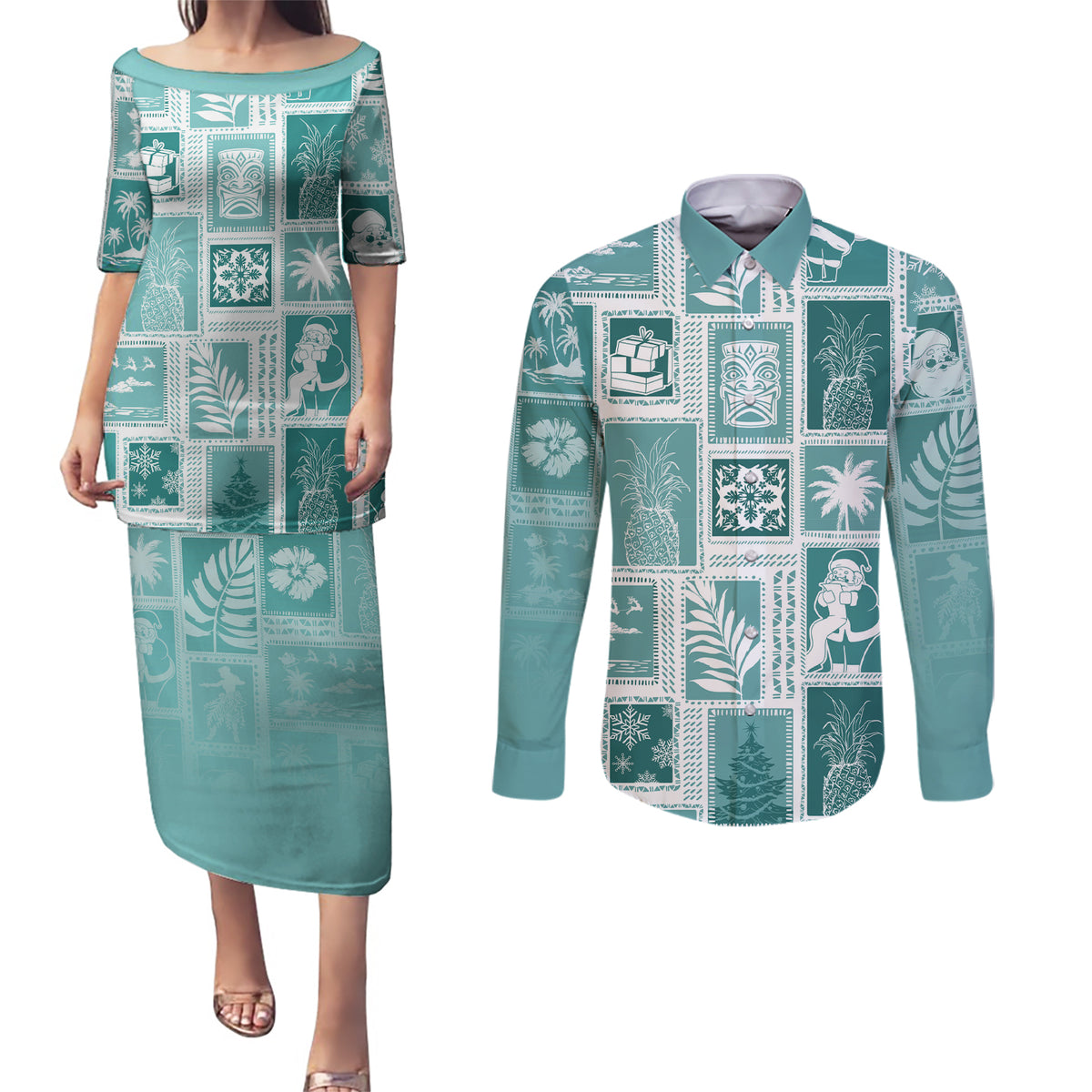 Hawaii Christmas Retro Patchwork Couples Matching Puletasi Dress and Long Sleeve Button Shirt Teal LT7 - Wonder Print Shop