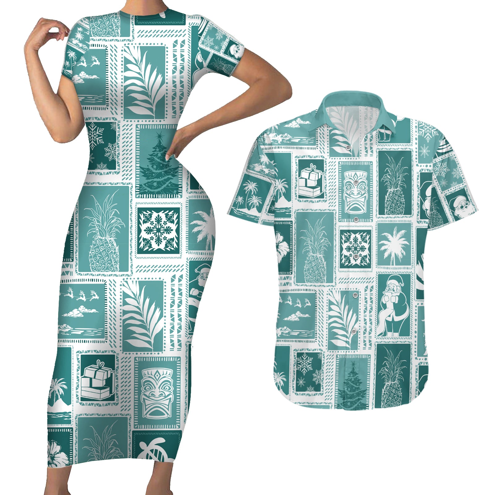 Hawaii Christmas Retro Patchwork Couples Matching Short Sleeve Bodycon Dress and Hawaiian Shirt Teal LT7 - Wonder Print Shop