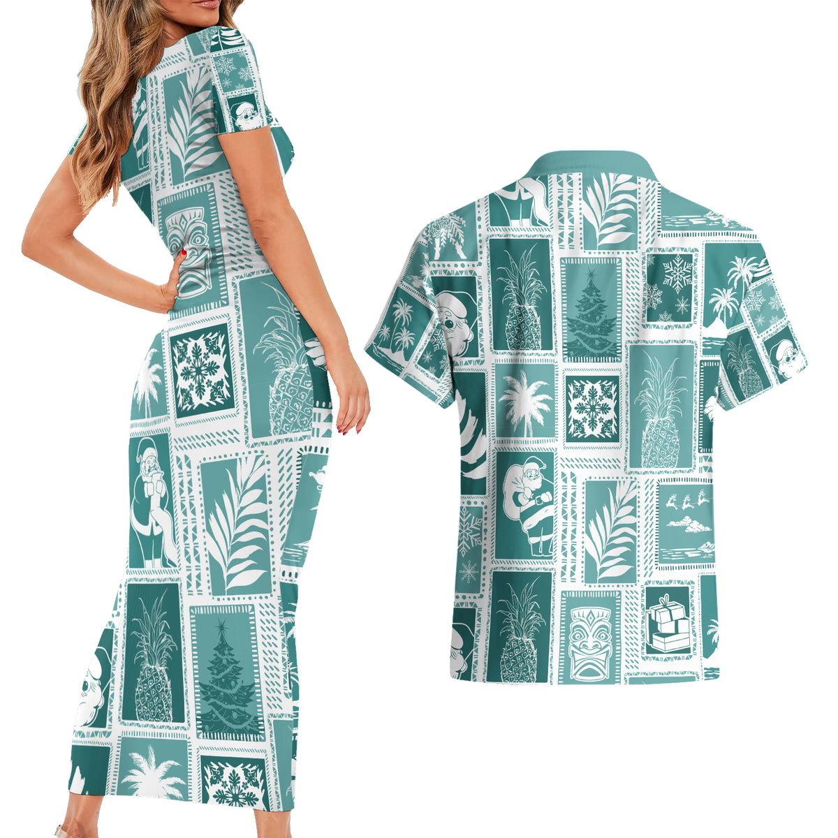 Hawaii Christmas Retro Patchwork Couples Matching Short Sleeve Bodycon Dress and Hawaiian Shirt Teal LT7 - Wonder Print Shop