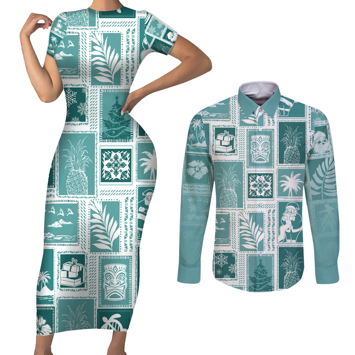 Hawaii Christmas Retro Patchwork Couples Matching Short Sleeve Bodycon Dress and Long Sleeve Button Shirt Teal LT7 - Wonder Print Shop