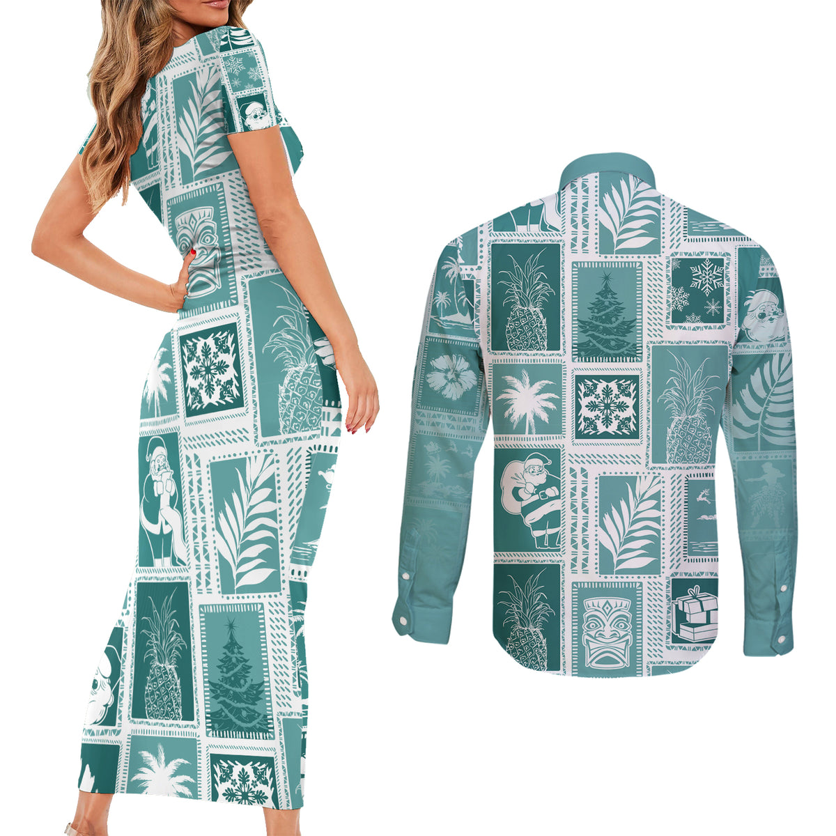 Hawaii Christmas Retro Patchwork Couples Matching Short Sleeve Bodycon Dress and Long Sleeve Button Shirt Teal LT7 - Wonder Print Shop