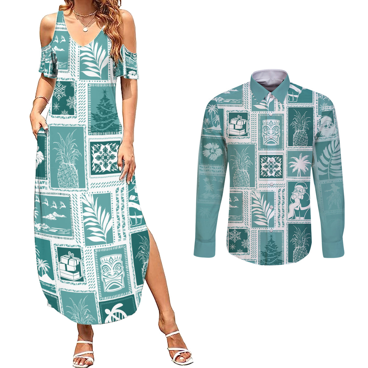 Hawaii Christmas Retro Patchwork Couples Matching Summer Maxi Dress and Long Sleeve Button Shirt Teal LT7 - Wonder Print Shop
