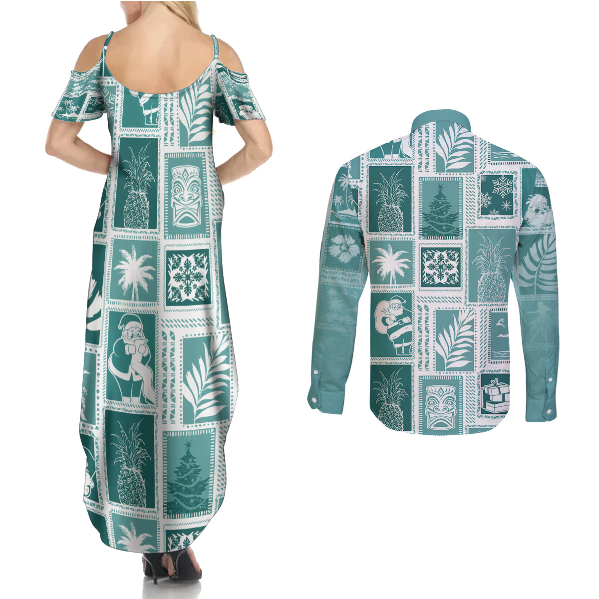 Hawaii Christmas Retro Patchwork Couples Matching Summer Maxi Dress and Long Sleeve Button Shirt Teal LT7 - Wonder Print Shop