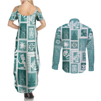 Hawaii Christmas Retro Patchwork Couples Matching Summer Maxi Dress and Long Sleeve Button Shirt Teal LT7 - Wonder Print Shop