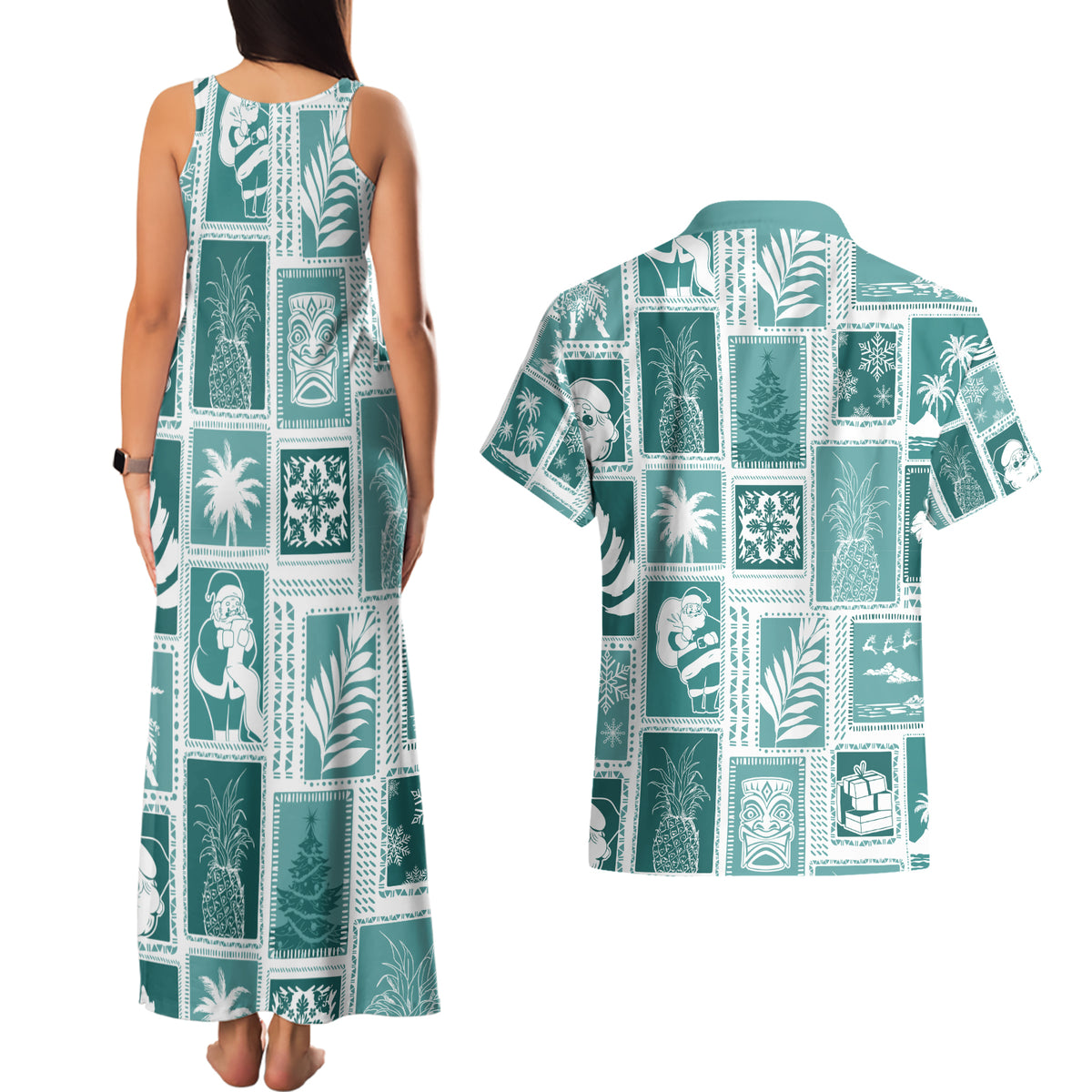 Hawaii Christmas Retro Patchwork Couples Matching Tank Maxi Dress and Hawaiian Shirt Teal LT7 - Wonder Print Shop