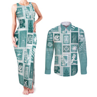 Hawaii Christmas Retro Patchwork Couples Matching Tank Maxi Dress and Long Sleeve Button Shirt Teal LT7 - Wonder Print Shop
