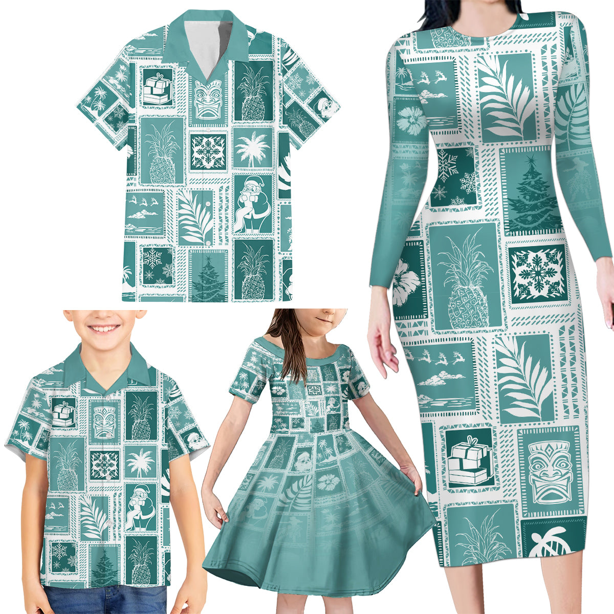 Hawaii Christmas Retro Patchwork Family Matching Long Sleeve Bodycon Dress and Hawaiian Shirt Teal LT7 - Wonder Print Shop