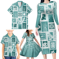 Hawaii Christmas Retro Patchwork Family Matching Long Sleeve Bodycon Dress and Hawaiian Shirt Teal LT7 - Wonder Print Shop
