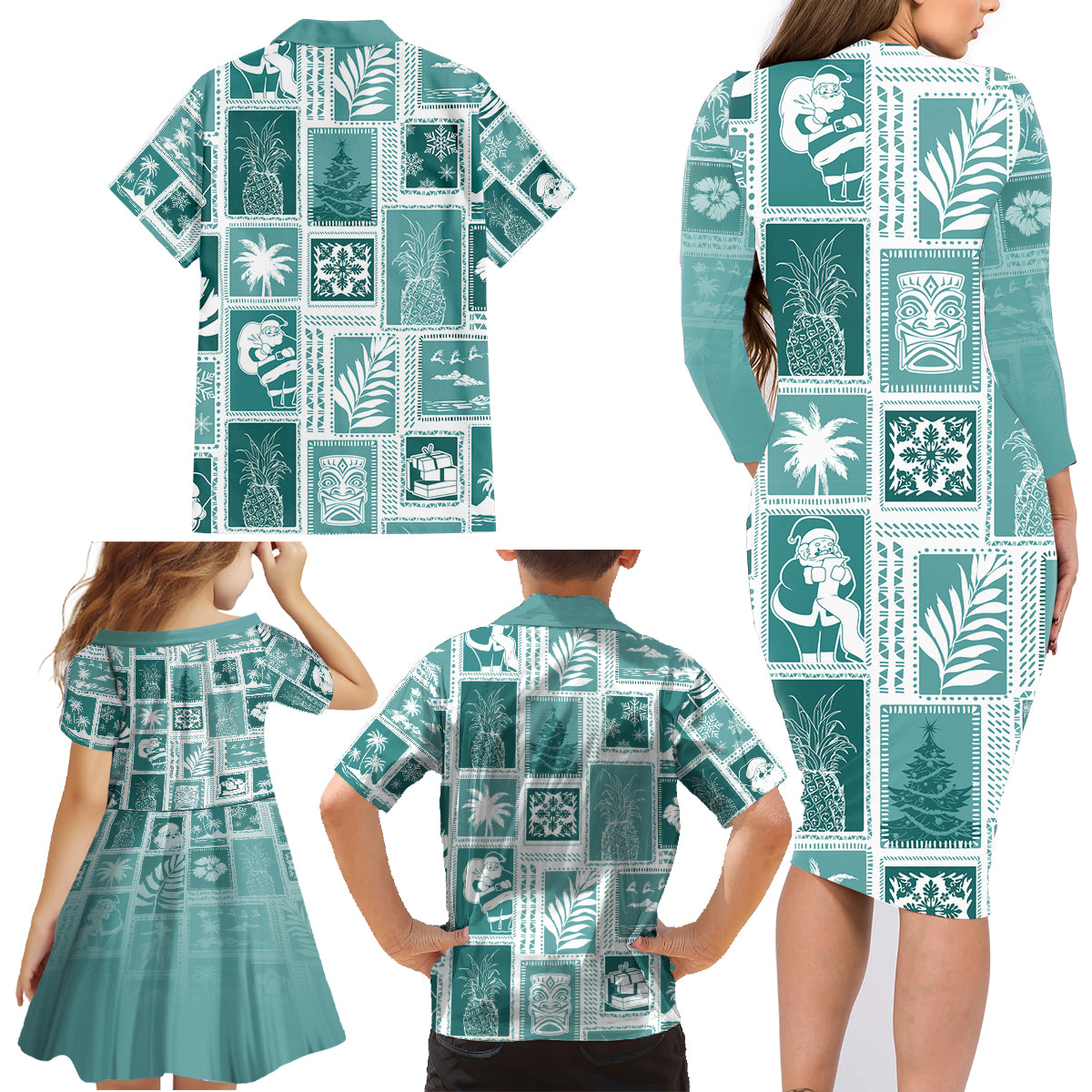 Hawaii Christmas Retro Patchwork Family Matching Long Sleeve Bodycon Dress and Hawaiian Shirt Teal LT7 - Wonder Print Shop