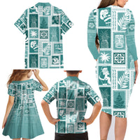 Hawaii Christmas Retro Patchwork Family Matching Long Sleeve Bodycon Dress and Hawaiian Shirt Teal LT7 - Wonder Print Shop