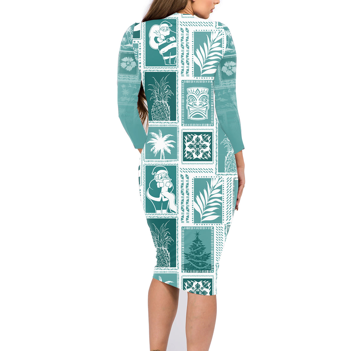 Hawaii Christmas Retro Patchwork Family Matching Long Sleeve Bodycon Dress and Hawaiian Shirt Teal LT7 - Wonder Print Shop