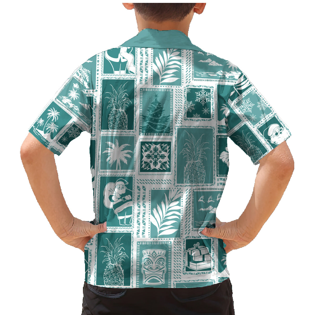 Hawaii Christmas Retro Patchwork Family Matching Mermaid Dress and Hawaiian Shirt Teal LT7 - Wonder Print Shop
