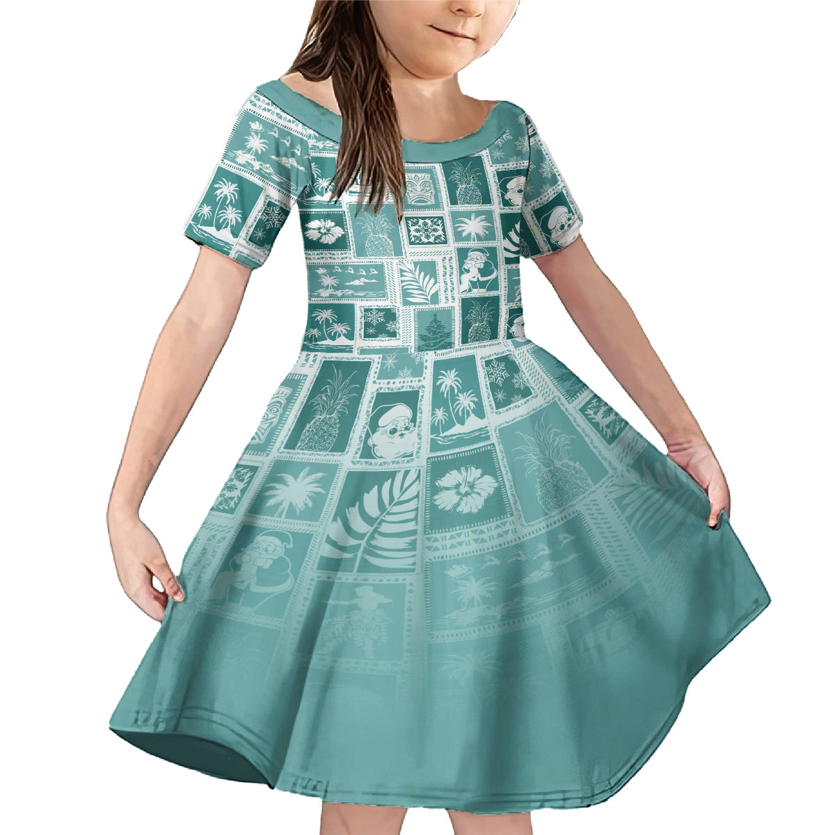 Hawaii Christmas Retro Patchwork Family Matching Mermaid Dress and Hawaiian Shirt Teal LT7 - Wonder Print Shop