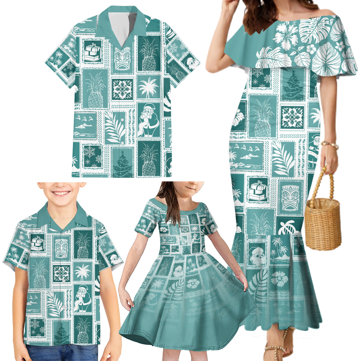 Hawaii Christmas Retro Patchwork Family Matching Mermaid Dress and Hawaiian Shirt Teal LT7 - Wonder Print Shop