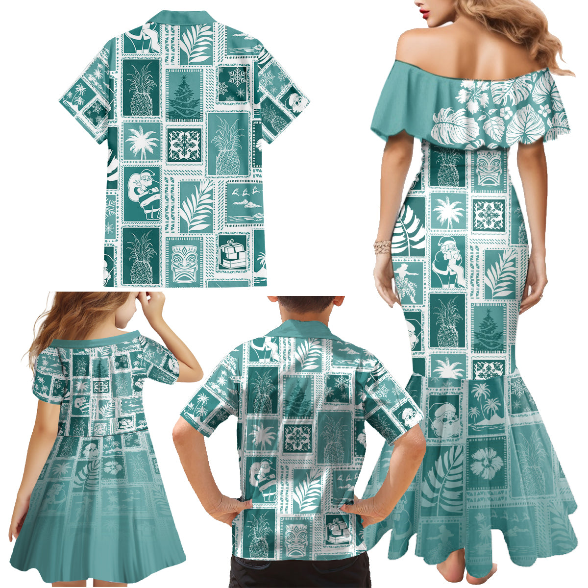 Hawaii Christmas Retro Patchwork Family Matching Mermaid Dress and Hawaiian Shirt Teal LT7 - Wonder Print Shop