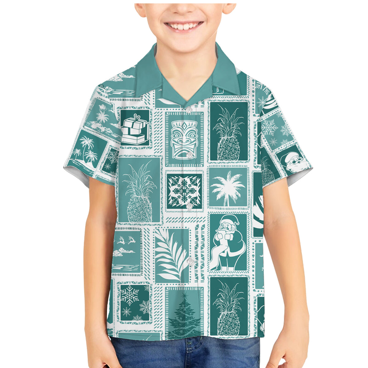 Hawaii Christmas Retro Patchwork Family Matching Mermaid Dress and Hawaiian Shirt Teal LT7 - Wonder Print Shop