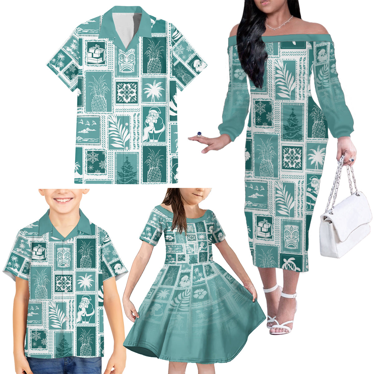 Hawaii Christmas Retro Patchwork Family Matching Off Shoulder Long Sleeve Dress and Hawaiian Shirt Teal - Wonder Print Shop