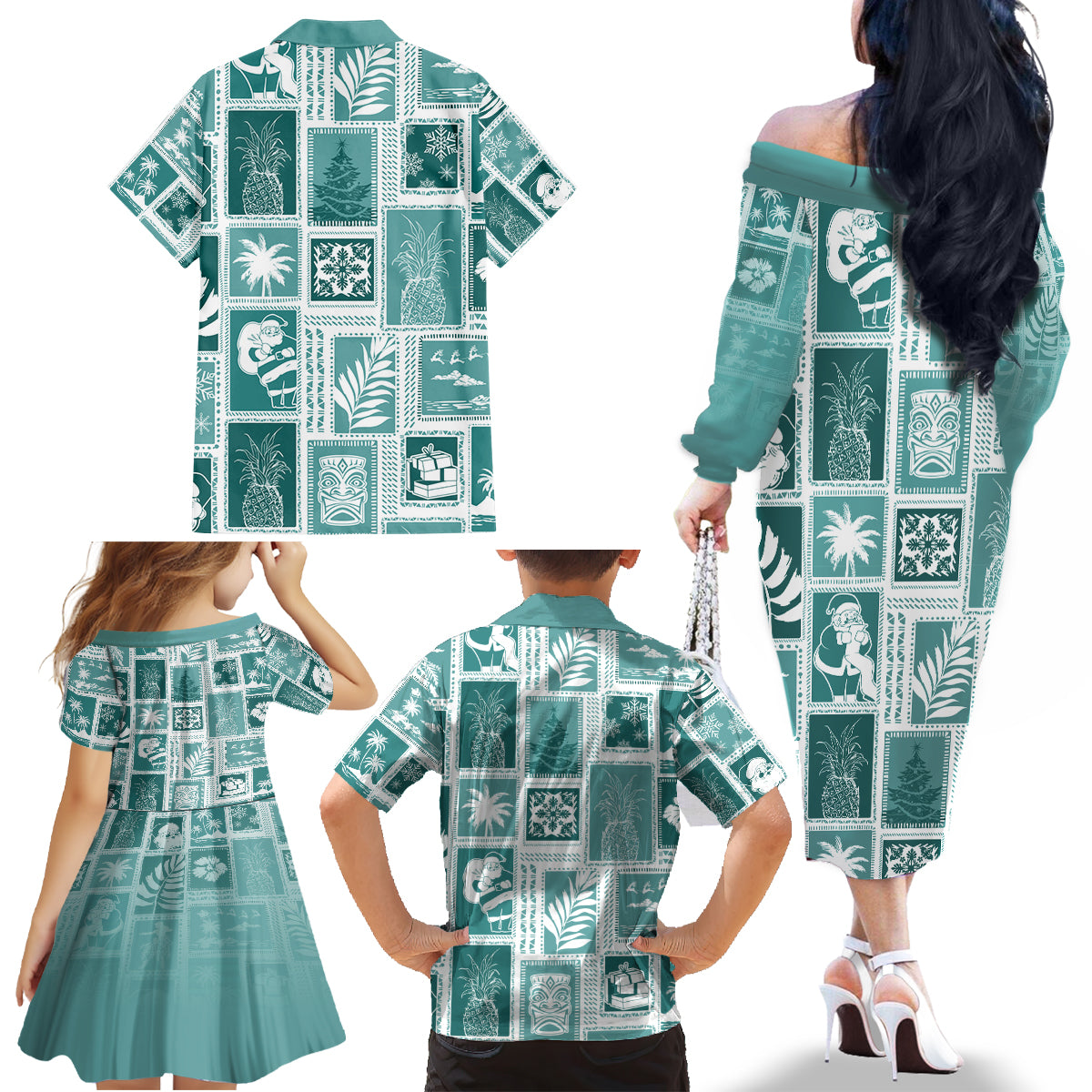 Hawaii Christmas Retro Patchwork Family Matching Off Shoulder Long Sleeve Dress and Hawaiian Shirt Teal - Wonder Print Shop