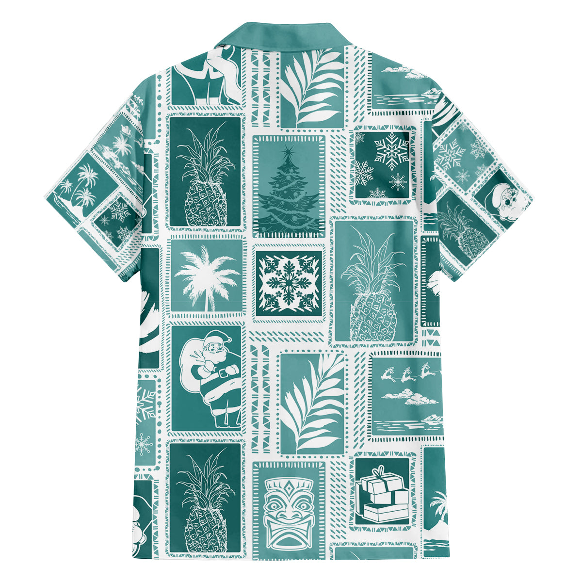 Hawaii Christmas Retro Patchwork Family Matching Off Shoulder Long Sleeve Dress and Hawaiian Shirt Teal - Wonder Print Shop
