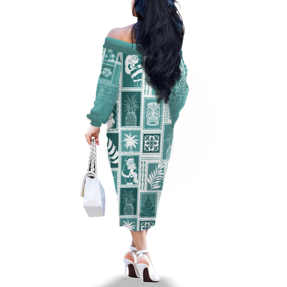 Hawaii Christmas Retro Patchwork Family Matching Off Shoulder Long Sleeve Dress and Hawaiian Shirt Teal - Wonder Print Shop