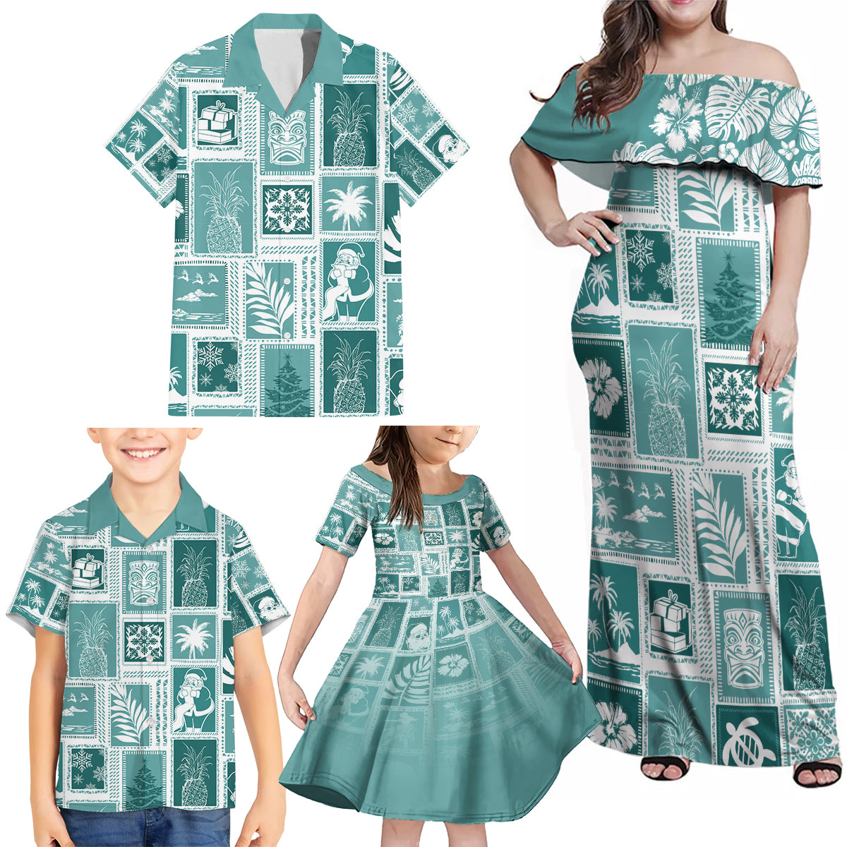 Hawaii Christmas Retro Patchwork Family Matching Off Shoulder Maxi Dress and Hawaiian Shirt Teal LT7 - Wonder Print Shop