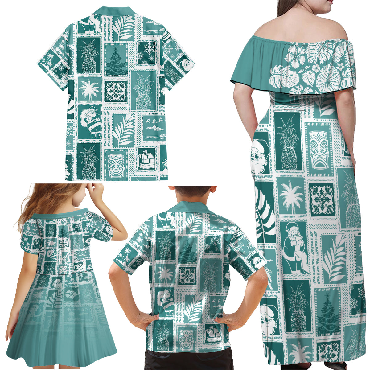 Hawaii Christmas Retro Patchwork Family Matching Off Shoulder Maxi Dress and Hawaiian Shirt Teal LT7 - Wonder Print Shop