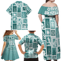 Hawaii Christmas Retro Patchwork Family Matching Off Shoulder Maxi Dress and Hawaiian Shirt Teal LT7 - Wonder Print Shop