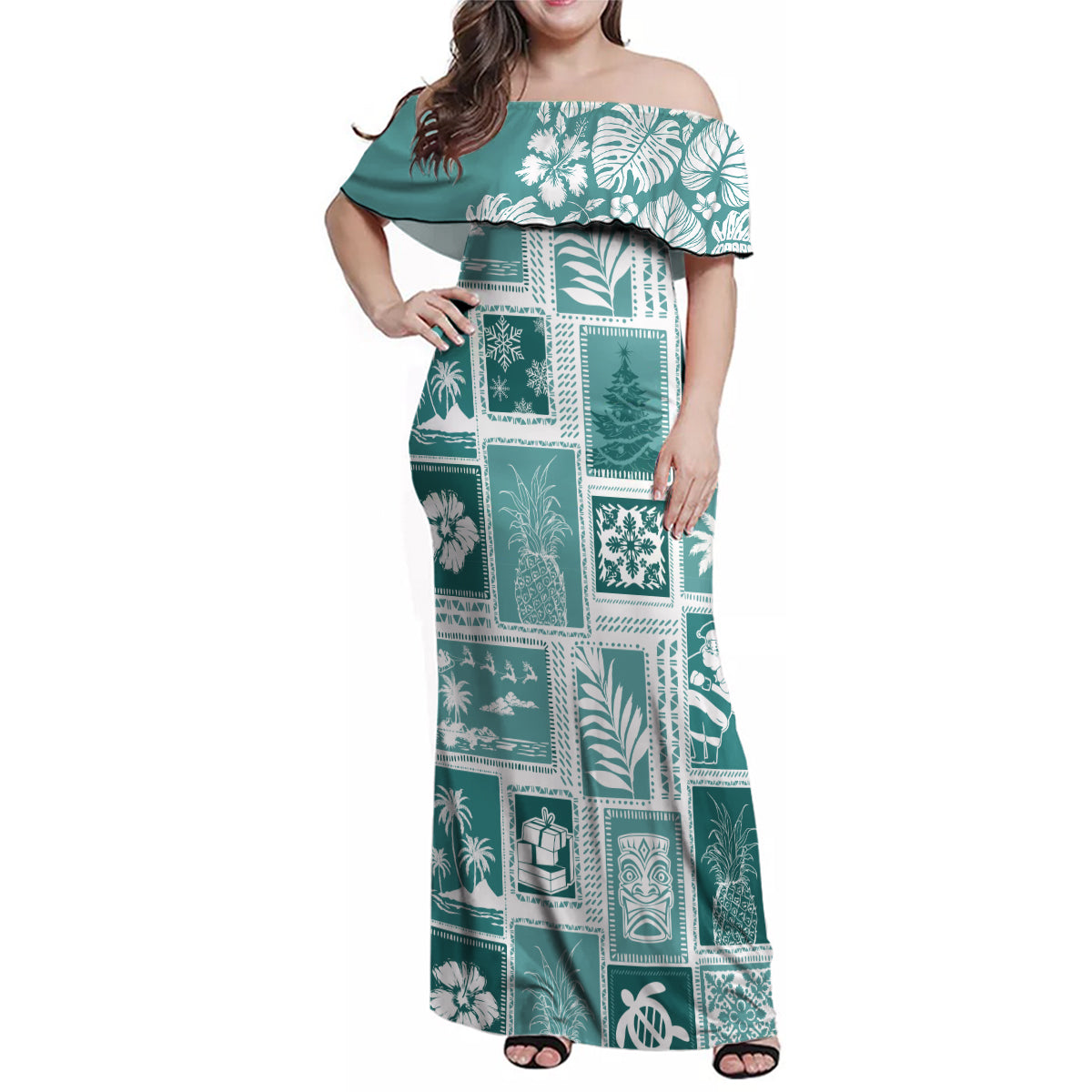 Hawaii Christmas Retro Patchwork Family Matching Off Shoulder Maxi Dress and Hawaiian Shirt Teal LT7 - Wonder Print Shop