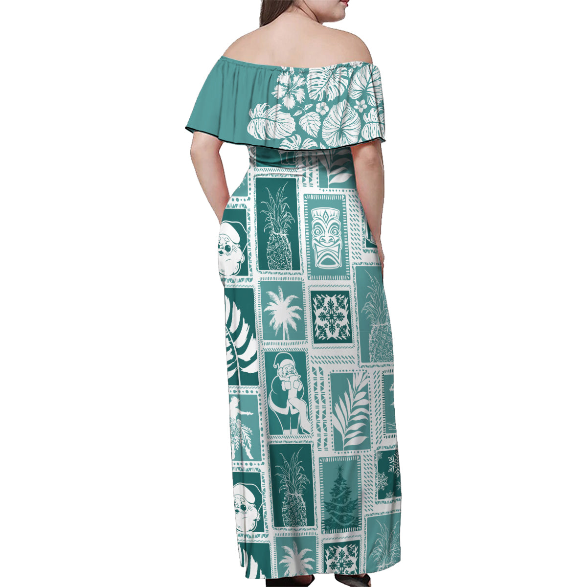 Hawaii Christmas Retro Patchwork Family Matching Off Shoulder Maxi Dress and Hawaiian Shirt Teal LT7 - Wonder Print Shop