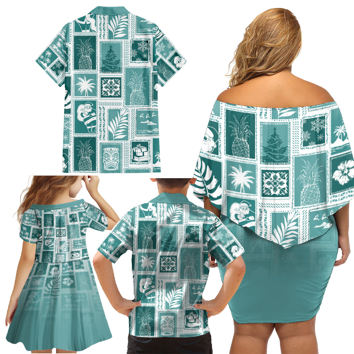 Hawaii Christmas Retro Patchwork Family Matching Off Shoulder Short Dress and Hawaiian Shirt Teal LT7 - Wonder Print Shop