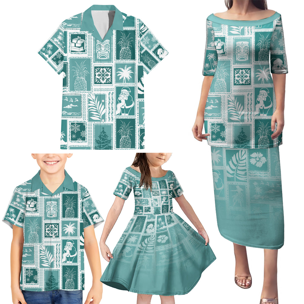 Hawaii Christmas Retro Patchwork Family Matching Puletasi Dress and Hawaiian Shirt Teal - Wonder Print Shop