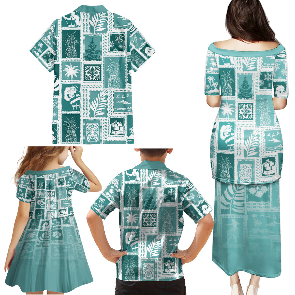 Hawaii Christmas Retro Patchwork Family Matching Puletasi Dress and Hawaiian Shirt Teal - Wonder Print Shop