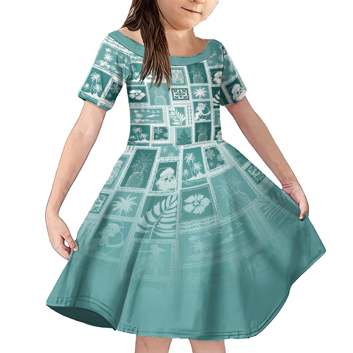 Hawaii Christmas Retro Patchwork Family Matching Short Sleeve Bodycon Dress and Hawaiian Shirt Teal - Wonder Print Shop