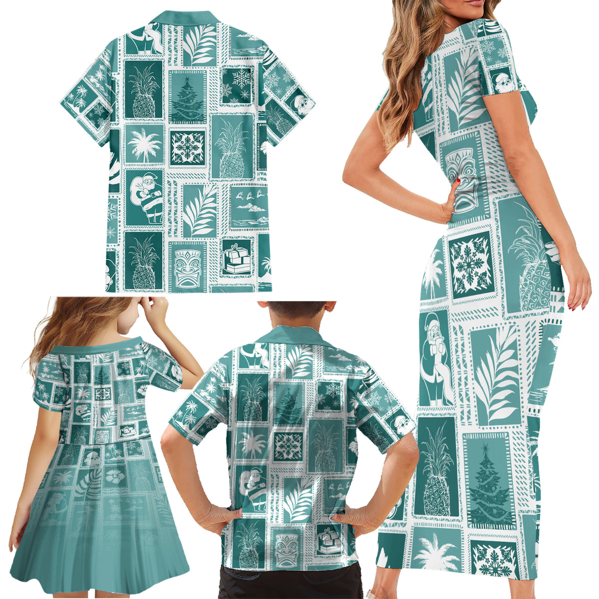Hawaii Christmas Retro Patchwork Family Matching Short Sleeve Bodycon Dress and Hawaiian Shirt Teal - Wonder Print Shop