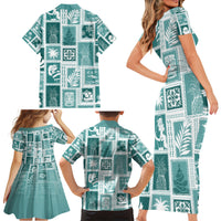 Hawaii Christmas Retro Patchwork Family Matching Short Sleeve Bodycon Dress and Hawaiian Shirt Teal - Wonder Print Shop