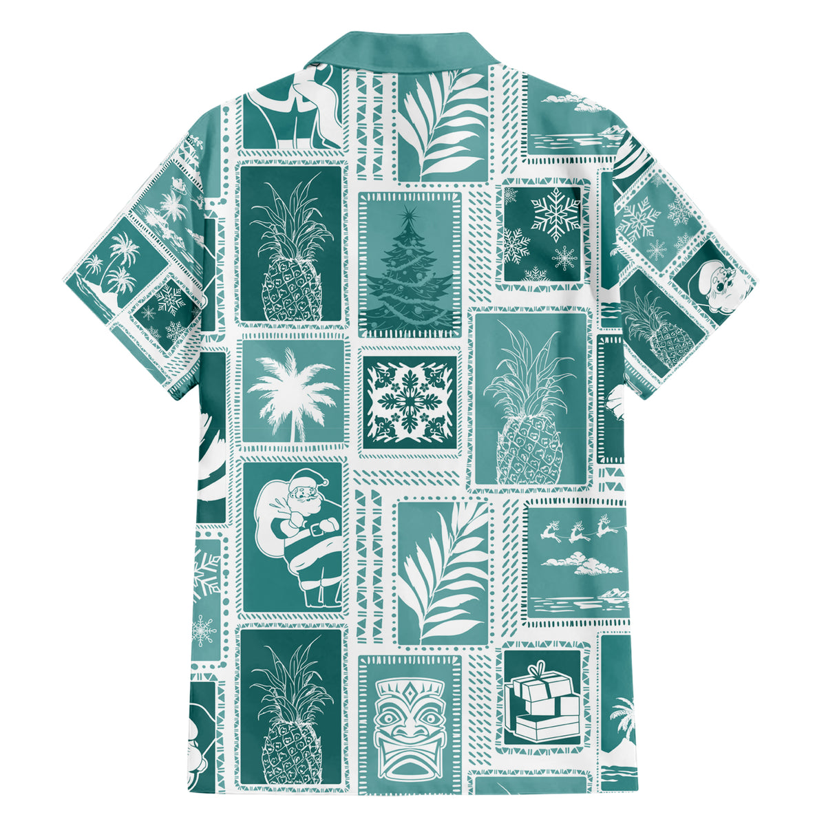 Hawaii Christmas Retro Patchwork Family Matching Short Sleeve Bodycon Dress and Hawaiian Shirt Teal - Wonder Print Shop
