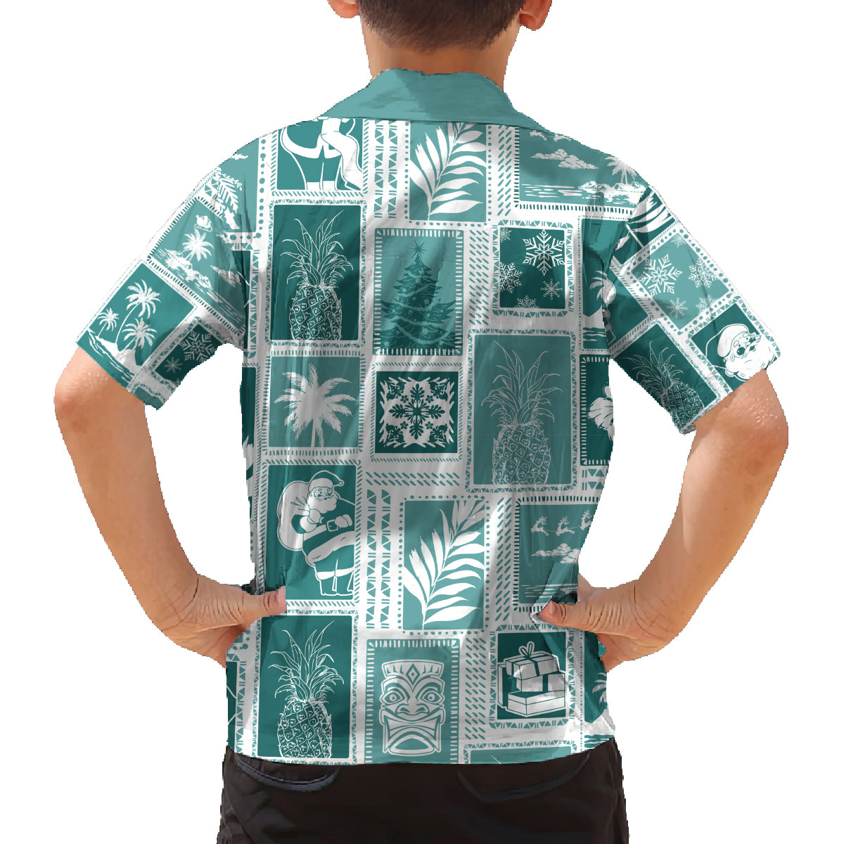 Hawaii Christmas Retro Patchwork Family Matching Summer Maxi Dress and Hawaiian Shirt Teal - Wonder Print Shop