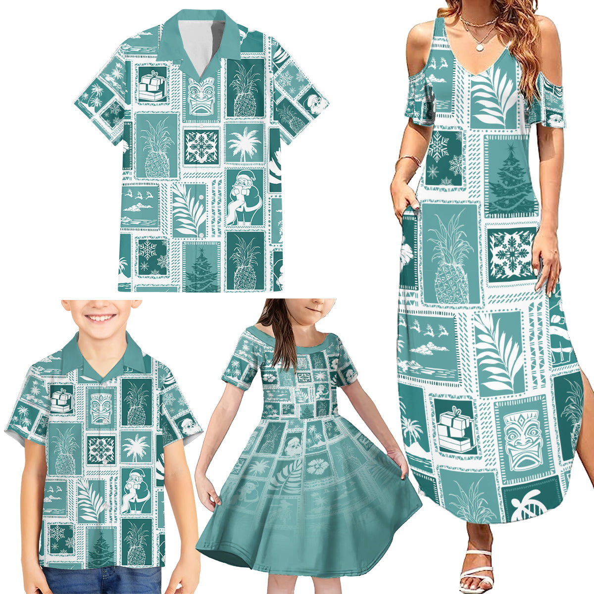 Hawaii Christmas Retro Patchwork Family Matching Summer Maxi Dress and Hawaiian Shirt Teal - Wonder Print Shop