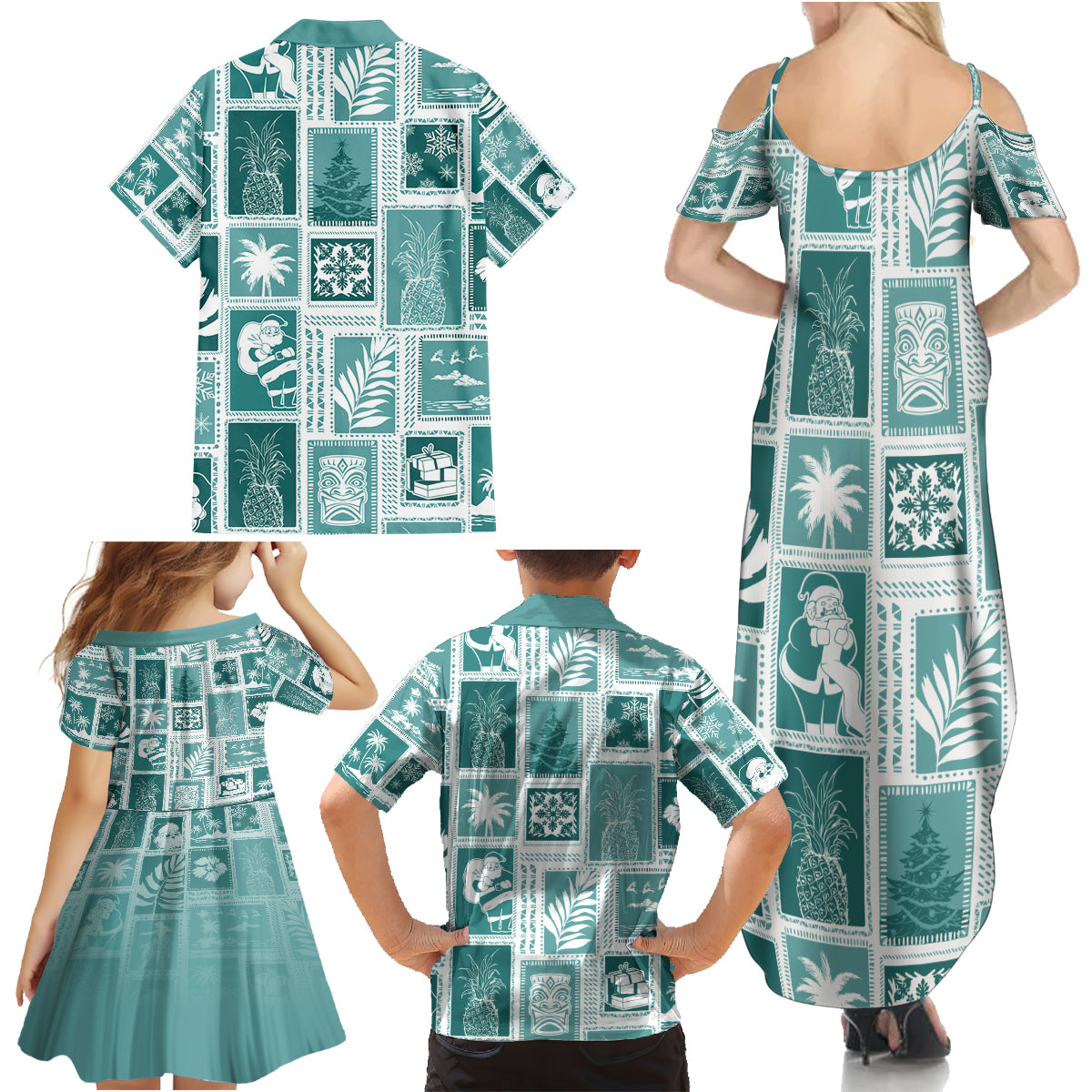 Hawaii Christmas Retro Patchwork Family Matching Summer Maxi Dress and Hawaiian Shirt Teal - Wonder Print Shop