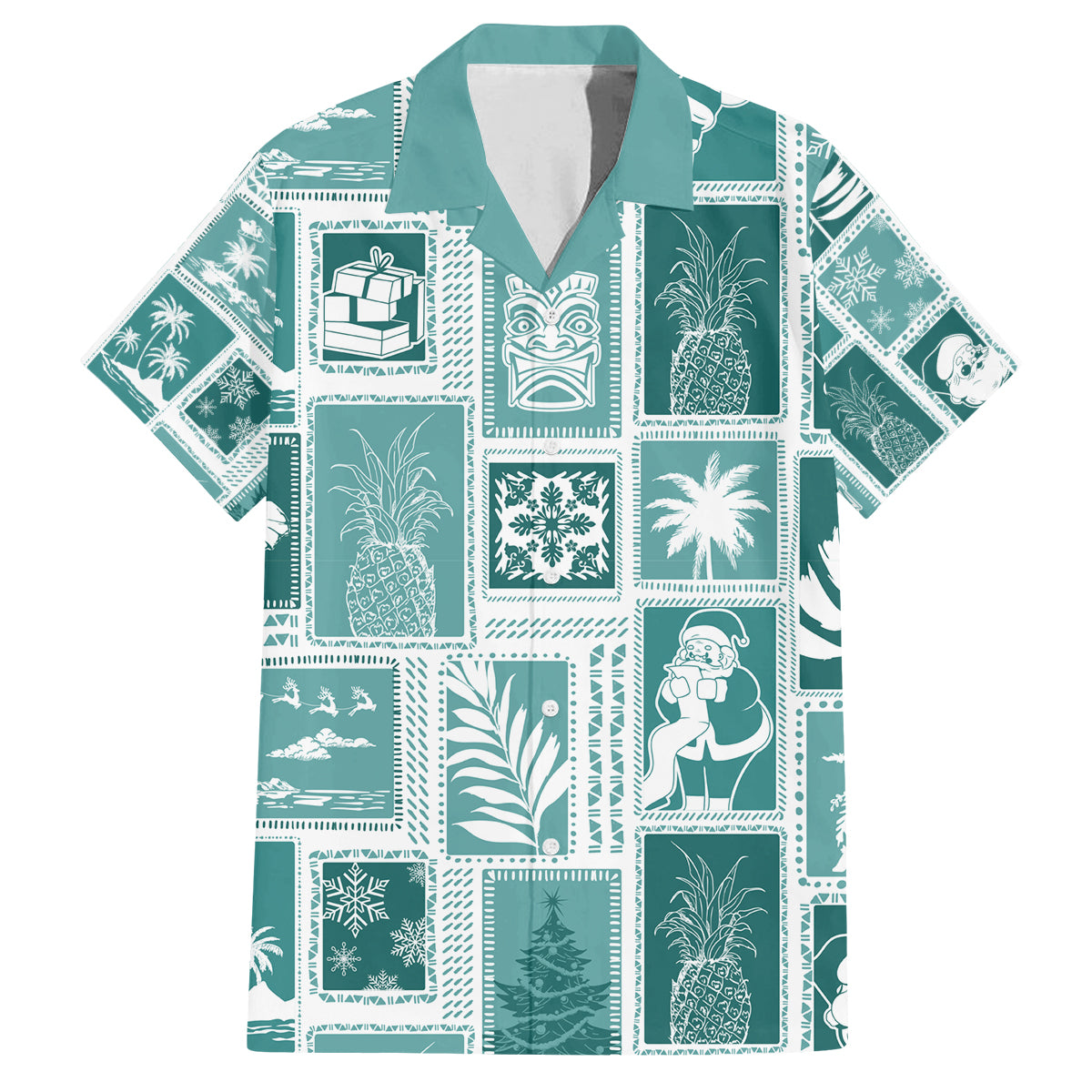 Hawaii Christmas Retro Patchwork Family Matching Summer Maxi Dress and Hawaiian Shirt Teal - Wonder Print Shop