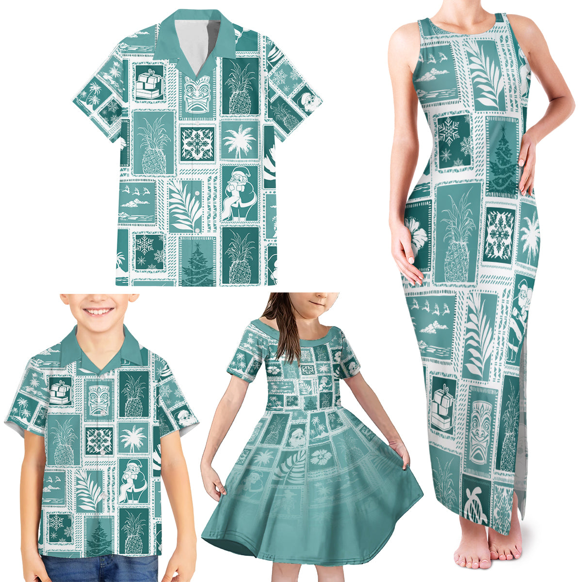 Hawaii Christmas Retro Patchwork Family Matching Tank Maxi Dress and Hawaiian Shirt Teal - Wonder Print Shop