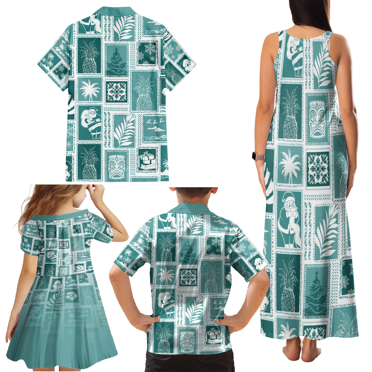 Hawaii Christmas Retro Patchwork Family Matching Tank Maxi Dress and Hawaiian Shirt Teal - Wonder Print Shop