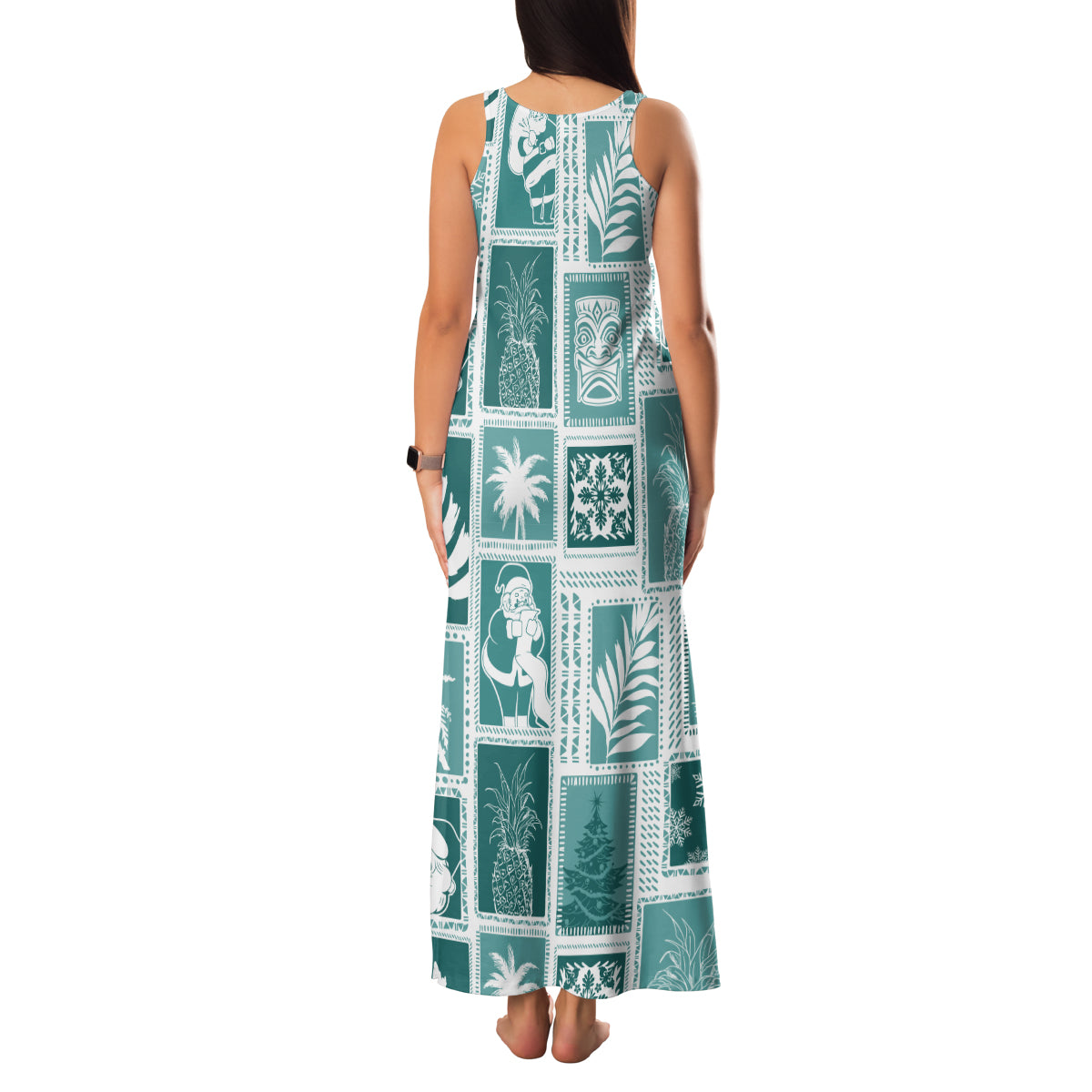 Hawaii Christmas Retro Patchwork Family Matching Tank Maxi Dress and Hawaiian Shirt Teal - Wonder Print Shop